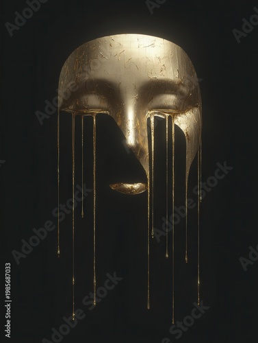 Golden mask with long dripping streaks of molten metal suspended in darkness