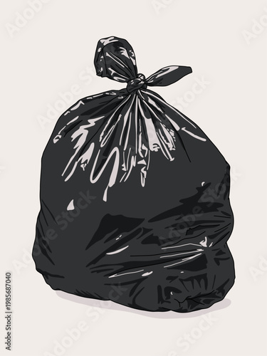 Vector Illustration of Black Garbage Waste Bag with Trash Isolated on Clear Background