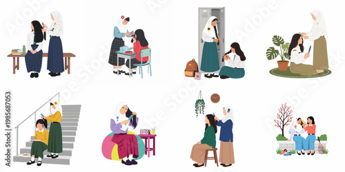 A collection of illustrations featuring schoolgirls in hijabs and uniforms assisting each other with hairstyling and grooming in diverse school and home environments.
