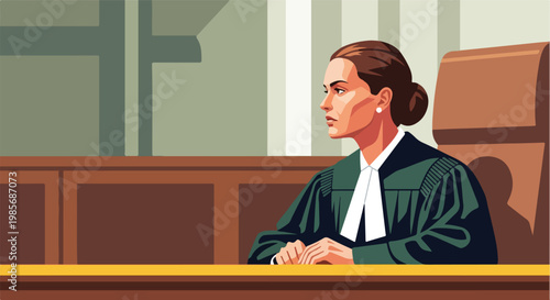 A female judge in a judicial robe sitting at a desk in a courtroom setting