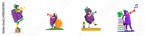 Set of playful vector illustrations featuring children dressed in purple grape costumes playing colorful trumpets in various fun and creative scenarios.