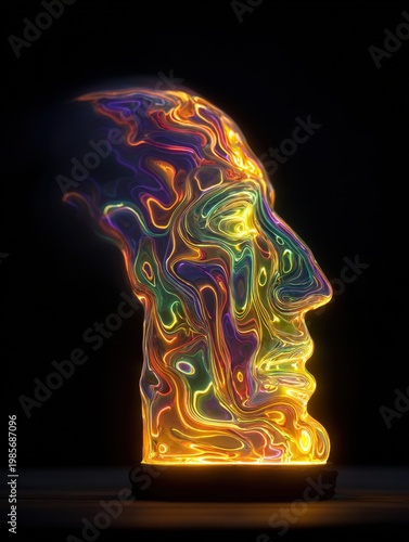 Glowing multicolored abstract human head silhouette made of fluid light shapes on a dark background