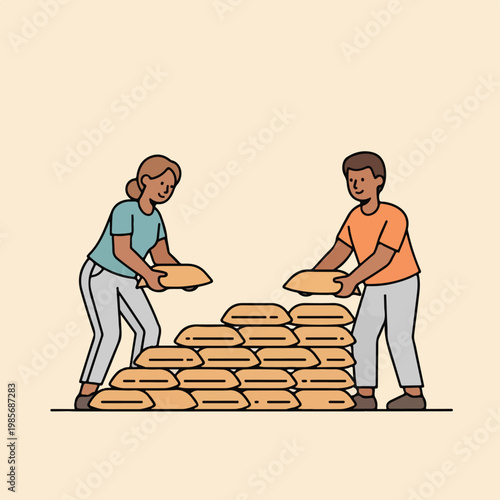 A man and woman work together to stack a pile of brown sandbags on the ground