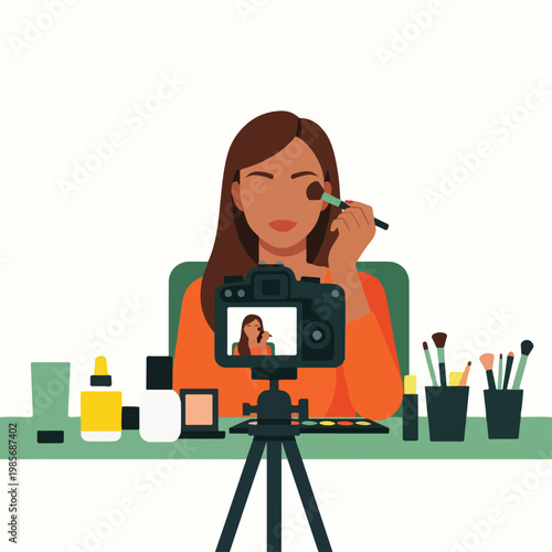 A woman recording a makeup tutorial video using a camera on a tripod at a desk