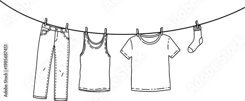 Hand drawn sketch of laundry drying on a clothesline