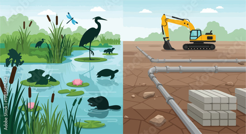 Split view showing a flourishing wetland habitat beside a barren construction site