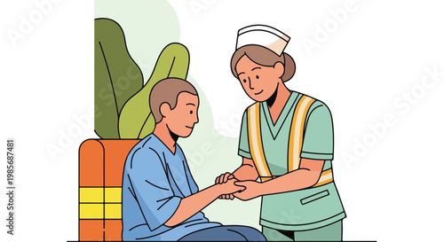 A nurse in green scrubs holds the hand of a seated patient to provide comfort