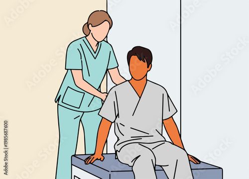 A female healthcare worker assists a male patient sitting on a medical exam bed