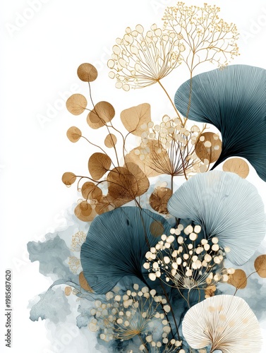 Elegant abstract botanical illustration with layered blue and gold leaves and delicate seed heads on a white background