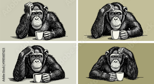 Vintage woodcut chimpanzee set, tired monkey drinking coffee vector, retro hand-drawn ape illustrations for morning mood and office humor