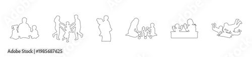 Family and Childcare Activities Outline Vector Set, Side Elevation Thin Line Figures for Architectural Documentation, Community Scene Design, Minimalist Wireframe Style