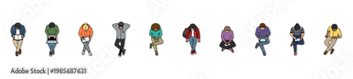 Top View Diverse People Sitting and Using Tech Vector Set, Overhead Perspective Figures for Architectural Site Plans, Modern Public Space and Interior Design