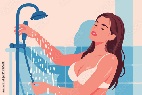 Beautiful Woman Taking a Shower Vector Illustration Creative Design Template 