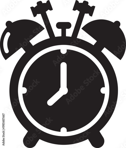 Black alarm clock icon with white details and transparent background
