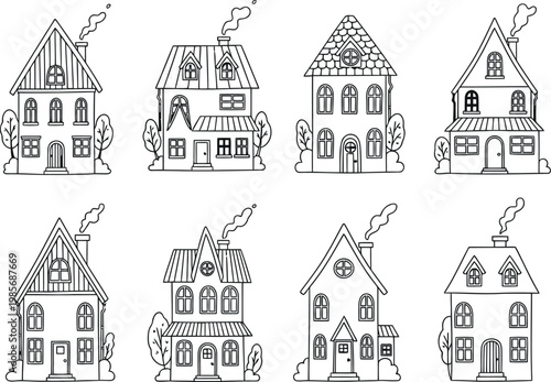 Collection of hand drawn victorian style houses with chimneys
