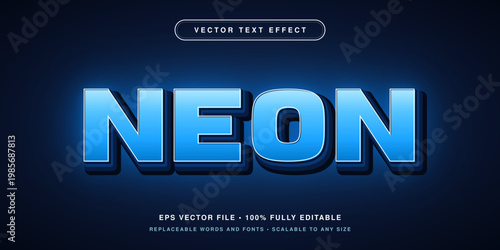 Neon, Editable Text Effect, Vector Typography, Blue Glowing Letters, 3D Font Style