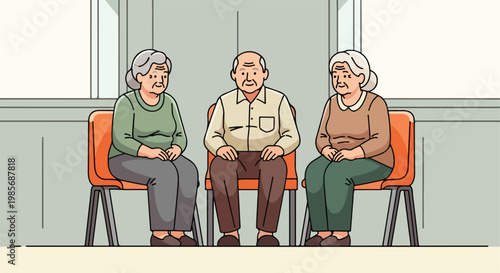 Three elderly people sitting on orange chairs in a clean, minimalist room setting