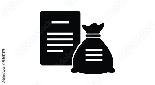 A stark black graphic depicts a document and a money bag showcasing a minimalist design silhouette high quality