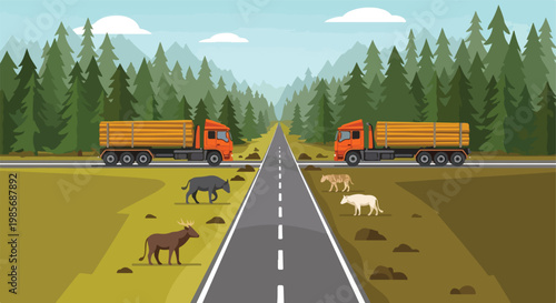 Two timber trucks cross a road near a pine forest with wildlife in the fields