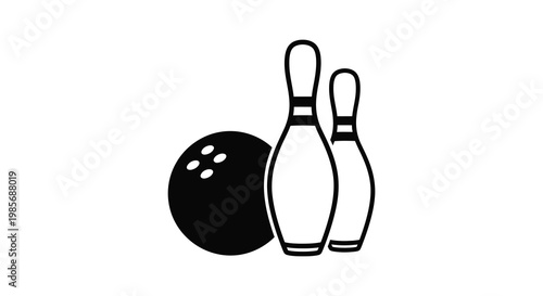 A simple black and white illustration depicts bowling pins and a bowling ball a classic recreational activity silhouette