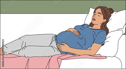 A pregnant woman lying on a bed resting with her hands on her large belly