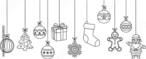 Hand drawn christmas ornaments and decorations hanging on strings