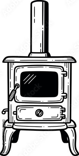 Vintage wood burning stove with chimney and drawer