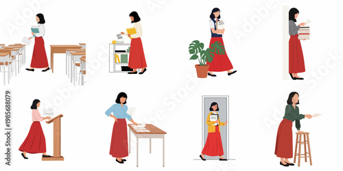Set of flat illustrations depicting a young woman in various educational or administrative roles, managing papers, books, and exams in a school setting.