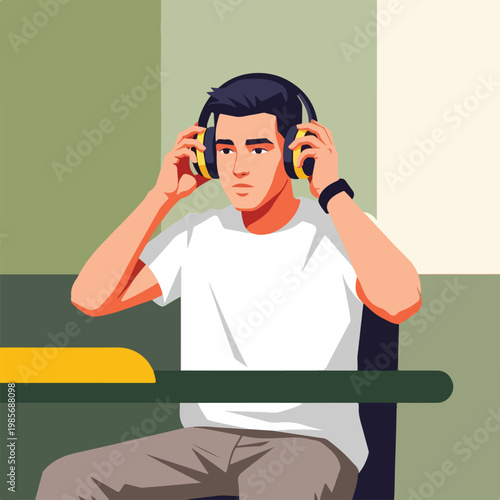 A young man sitting at a desk wearing large yellow and black stereo headphones