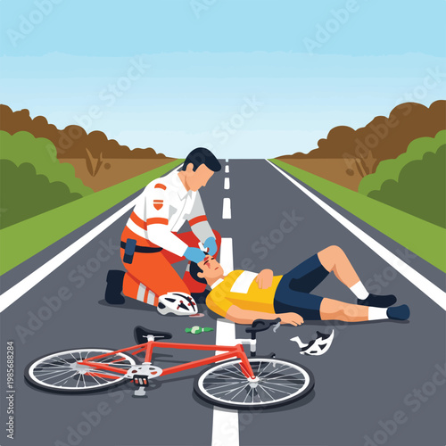 Paramedic providing emergency medical aid to a cyclist injured on a paved road