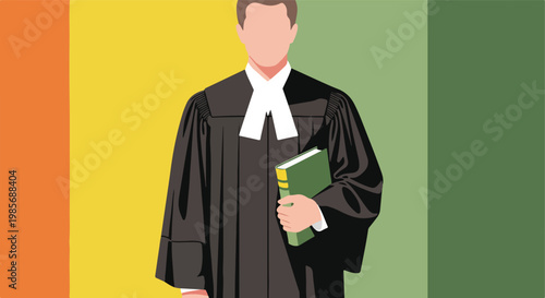 A minimalist illustration of a faceless lawyer wearing a robe and holding a book