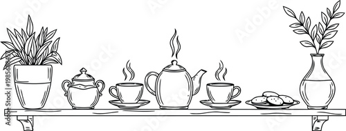Elegant line drawing of a shelf display with teacups and flowers