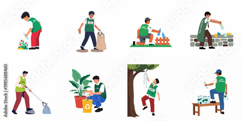 Illustrations of environmental activists picking up litter, recycling plastic bottles, and cleaning public spaces to protect the environment and maintain ecological balance.