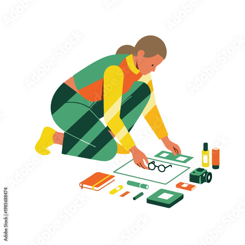 A person kneels on the floor, arranging personal belongings on a white surface