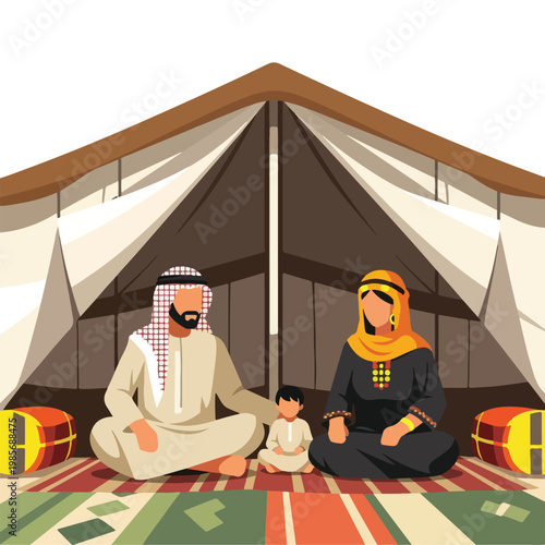 Traditional Arab family sitting inside a large tent on a colorful patterned rug
