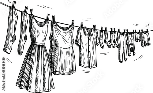 Sketch of clothes drying on a clothesline on a sunny day