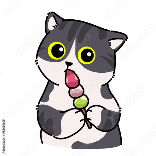 Adorable colorful cat eating dango, kawaii cartoon illustration, cute food-themed design ideal for stickers, children content, and fun visuals.
