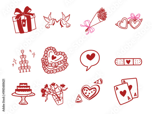 Red Line Art Valentine Love Couple Icon with Minimal Romantic Illustration Design