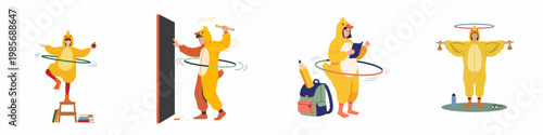 Set of illustrations depicting people in duck costumes multitasking with hula hoops while performing various academic and balancing tasks.