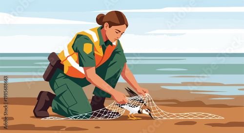 A park ranger kneels on the beach to carefully release a bird from a white net