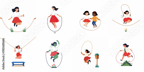 Collection of Diverse Young Girls and Women Happily Jumping Rope and Playing Outdoors in School Uniforms, Flat Vector Illustration Set.