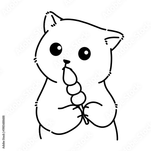 Adorable kawaii cat eating dango, black and white outline illustration, cute cartoon style ideal for coloring books, stickers, and kids content.