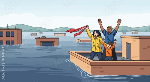 A family stands on a submerged building rooftop, signaling for help during flood