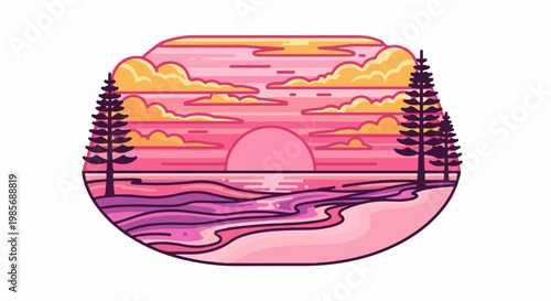 Pixelated sunset over wavy water with trees on a beach