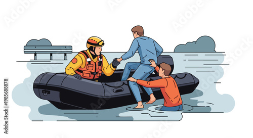 A rescue worker helping a person into an inflatable boat during a flood event