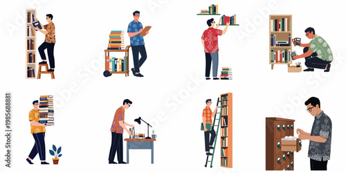 Illustrations of a man in batik shirts performing various library tasks like organizing books, using ladders, and checking archives.