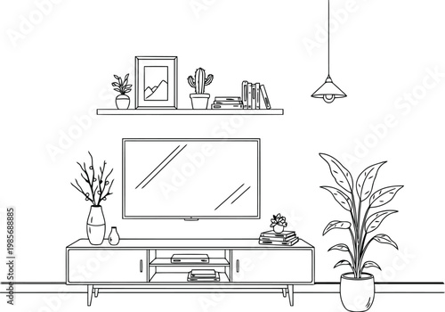 Minimalist living room sketch with television and plants