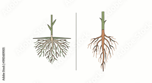 Two detailed botanical illustrations contrasting different root systems and plant stems