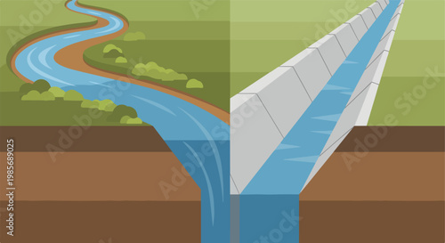 A comparison of a natural winding river and a straight concrete canal waterway