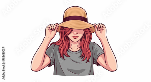 Woman with pink hair and straw hat obscuring face, wearing grey shirt